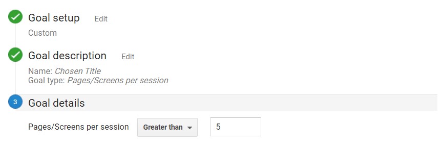 pages/screen per session goal google analytics